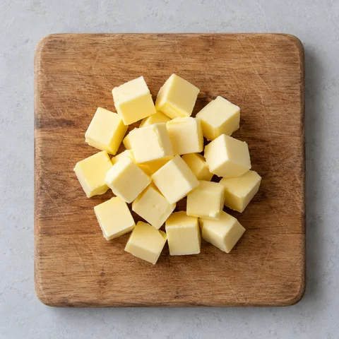 Cold unsalted butter cut into small cubes on a wooden cutting board.