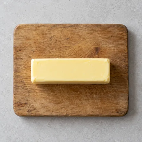 A stick of unsalted butter on a wooden cutting board.