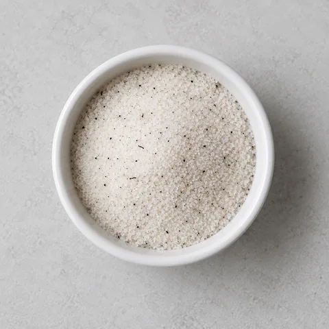 Vanilla sugar in a small white ramekin.