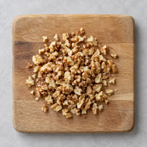 Roughly chopped walnuts on a wooden cutting board.