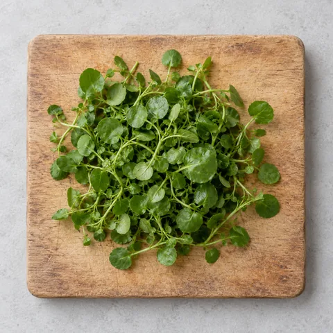 Watercress sprigs, thick stems removed on a wooden cutting board.