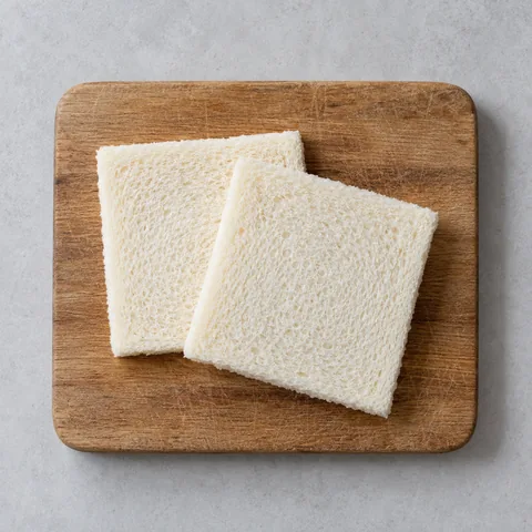 White bread slices with crusts trimmed on a wooden cutting board.