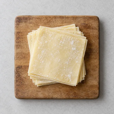 Square wonton wrappers on a wooden cutting board.