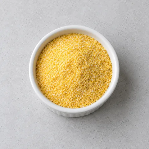 Yellow cornmeal in a small white ramekin.