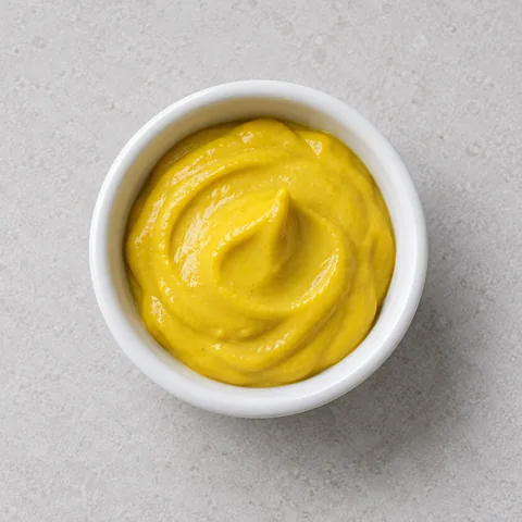 Yellow mustard in a small white ramekin.
