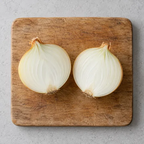 A peeled yellow onion halved through the root on a wooden cutting board.