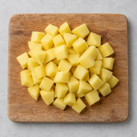 Peeled Yukon Gold potatoes cut into cubes on a wooden cutting board.