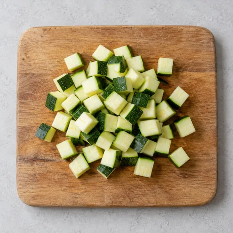 Zucchini cut into half-inch dice on a wooden cutting board.