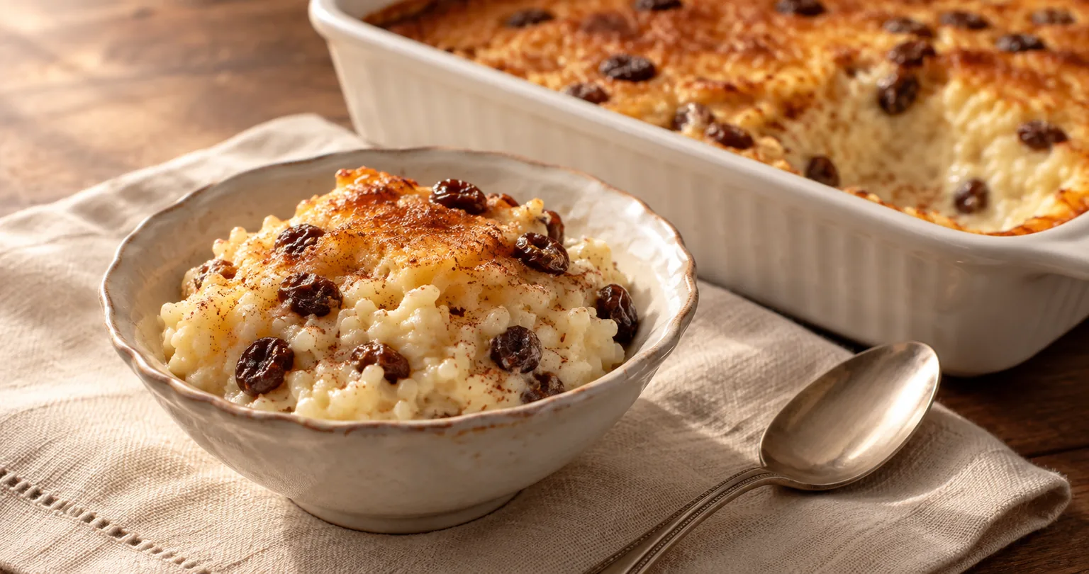 Baked Rice and Raisin Pudding served ready to eat.