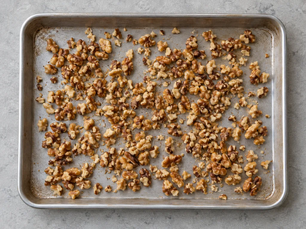 Toast the walnuts. Let them cool on the pan, then chop them roughly.