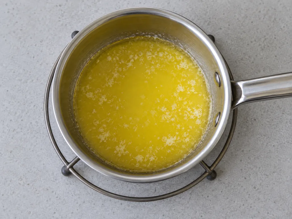 Melt the butter. Melt the butter in the small saucepan over low heat, then take the pan off the heat and let the butter cool until it is liquid and just warm to the touch.