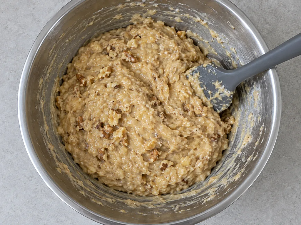 Whisk the flour and fold. Fold in the toasted walnuts, if using, with the final few strokes.