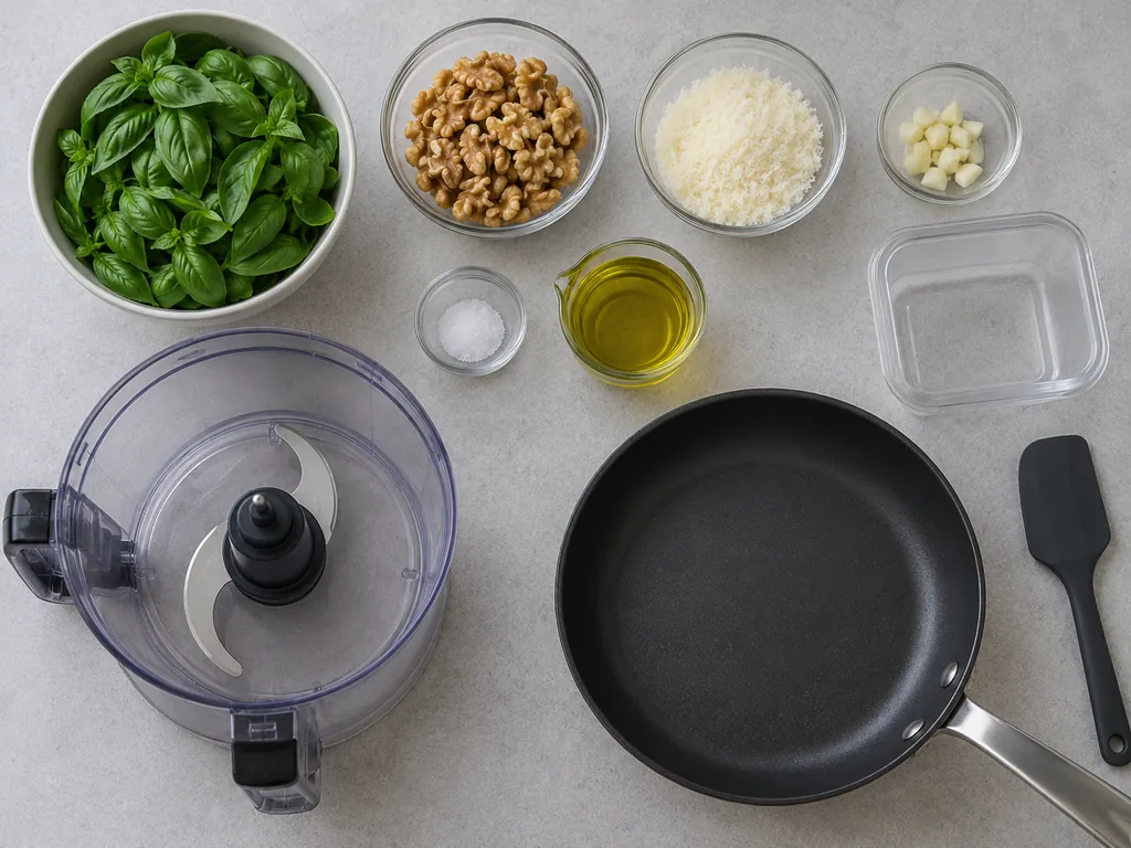 Basil, walnuts, grated Parmesan and measured seasonings sit beside an empty food processor and dry skillet.