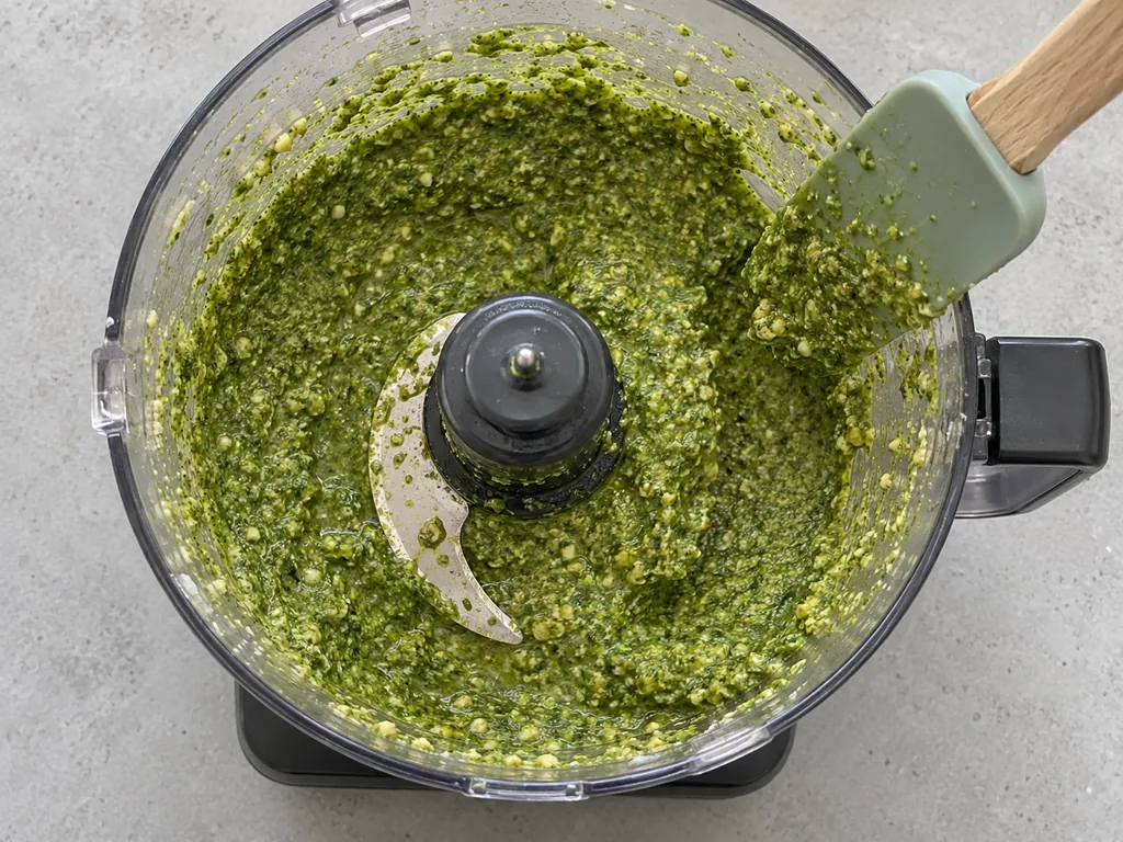 Textured green basil sauce fills the food processor as a spatula scrapes its sides.