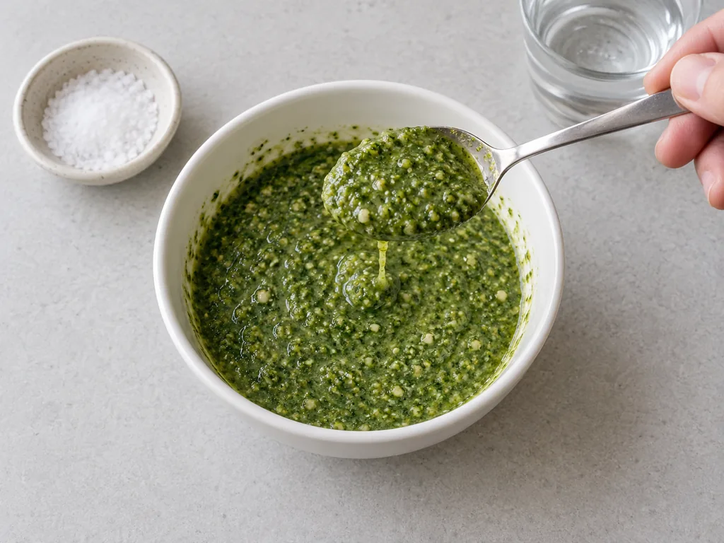 A spoon lifts loose green sauce above a bowl, showing fine nut and cheese flecks.