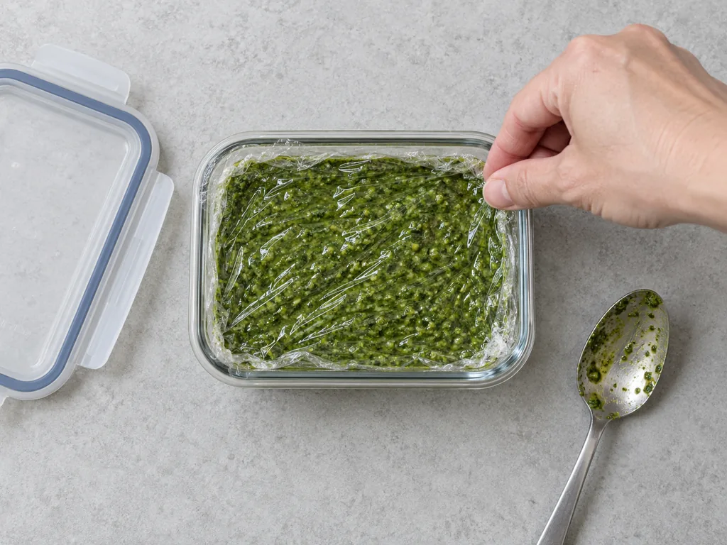 Plastic wrap touches the green sauce surface inside a storage container, with its lid beside it.