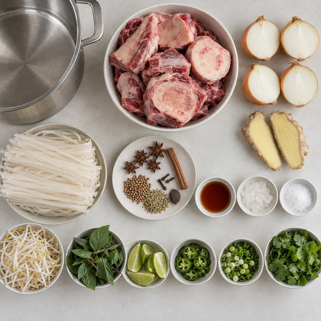 Pho bones, aromatics, noodles, and garnishes gathered before cooking.