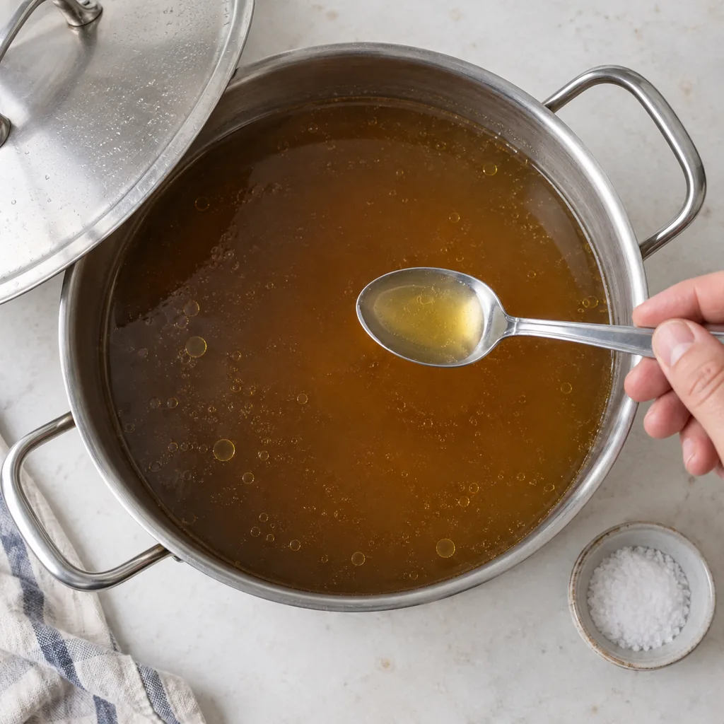 A spoonful of clear broth ready for the final seasoning check.