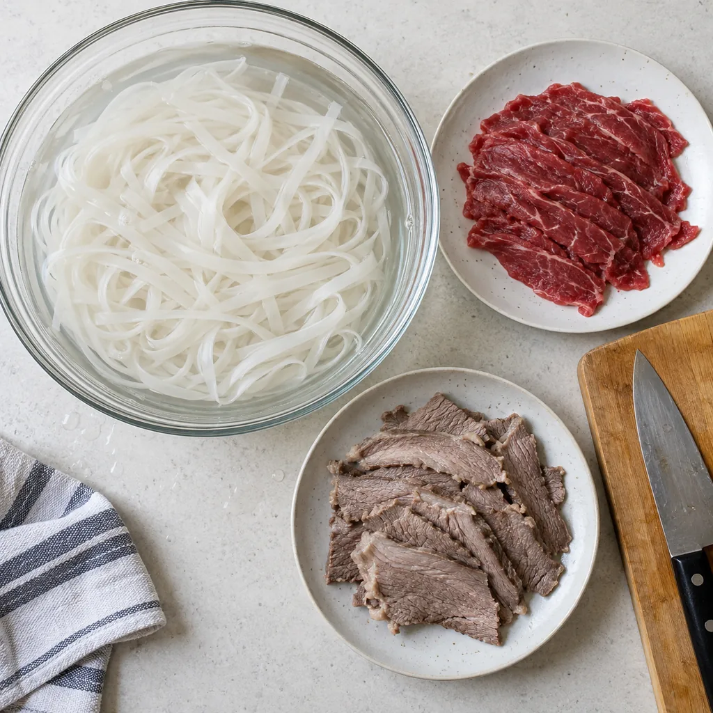 Soaked bendable rice noodles beside thin raw sirloin and cooked brisket slices.