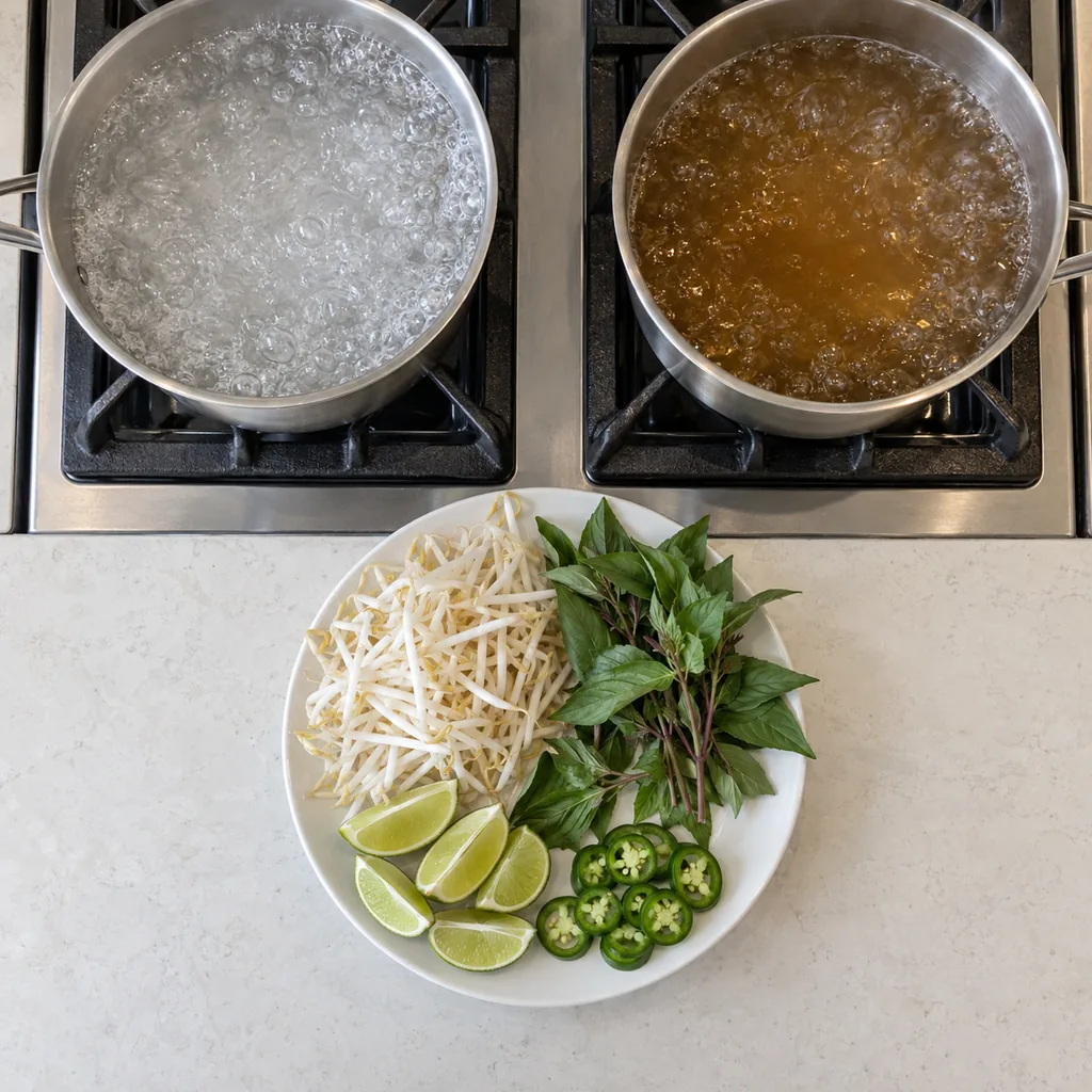 Table garnishes set out while noodle water and broth reach a rolling boil.