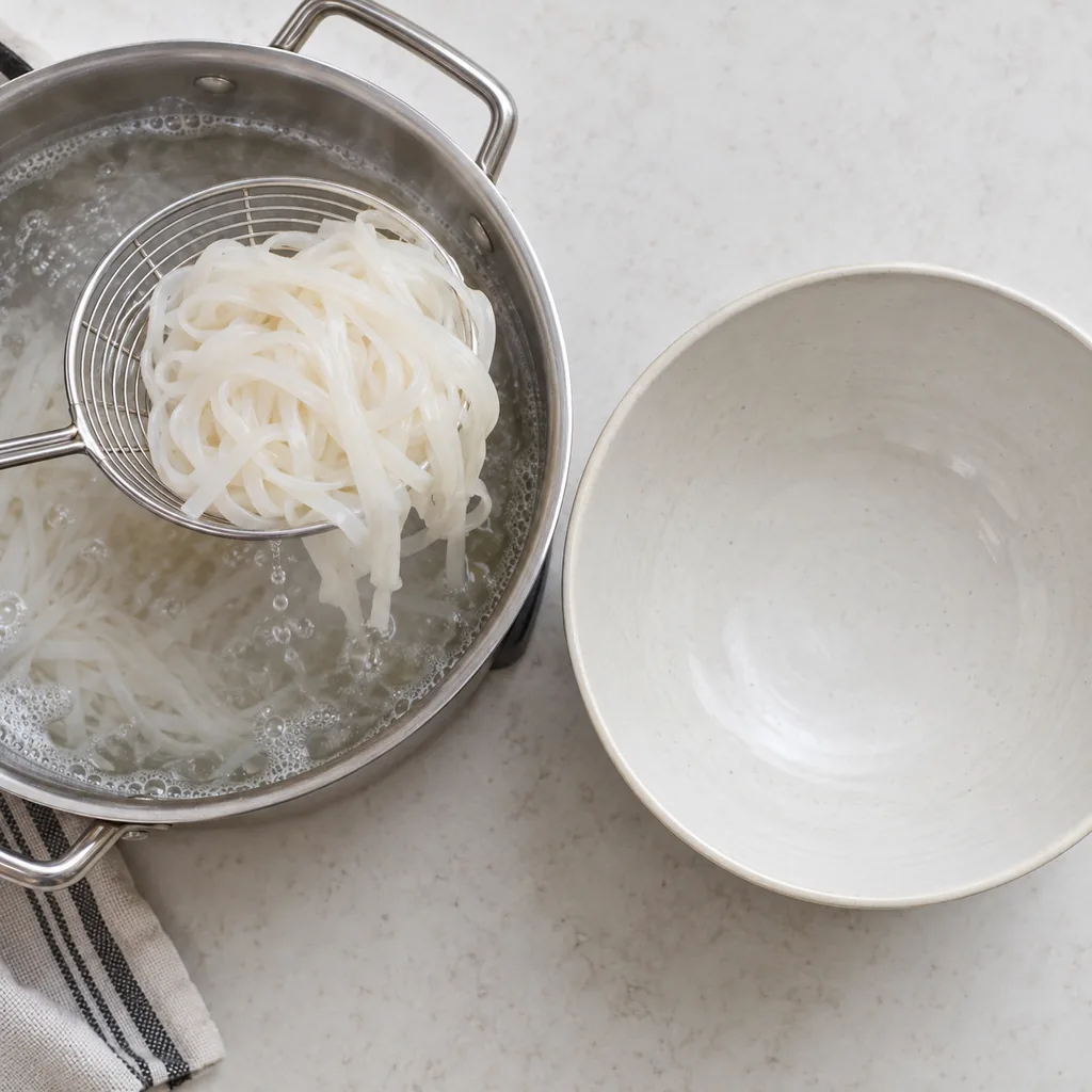 Tender rice noodles lifted from boiling water with a spider.