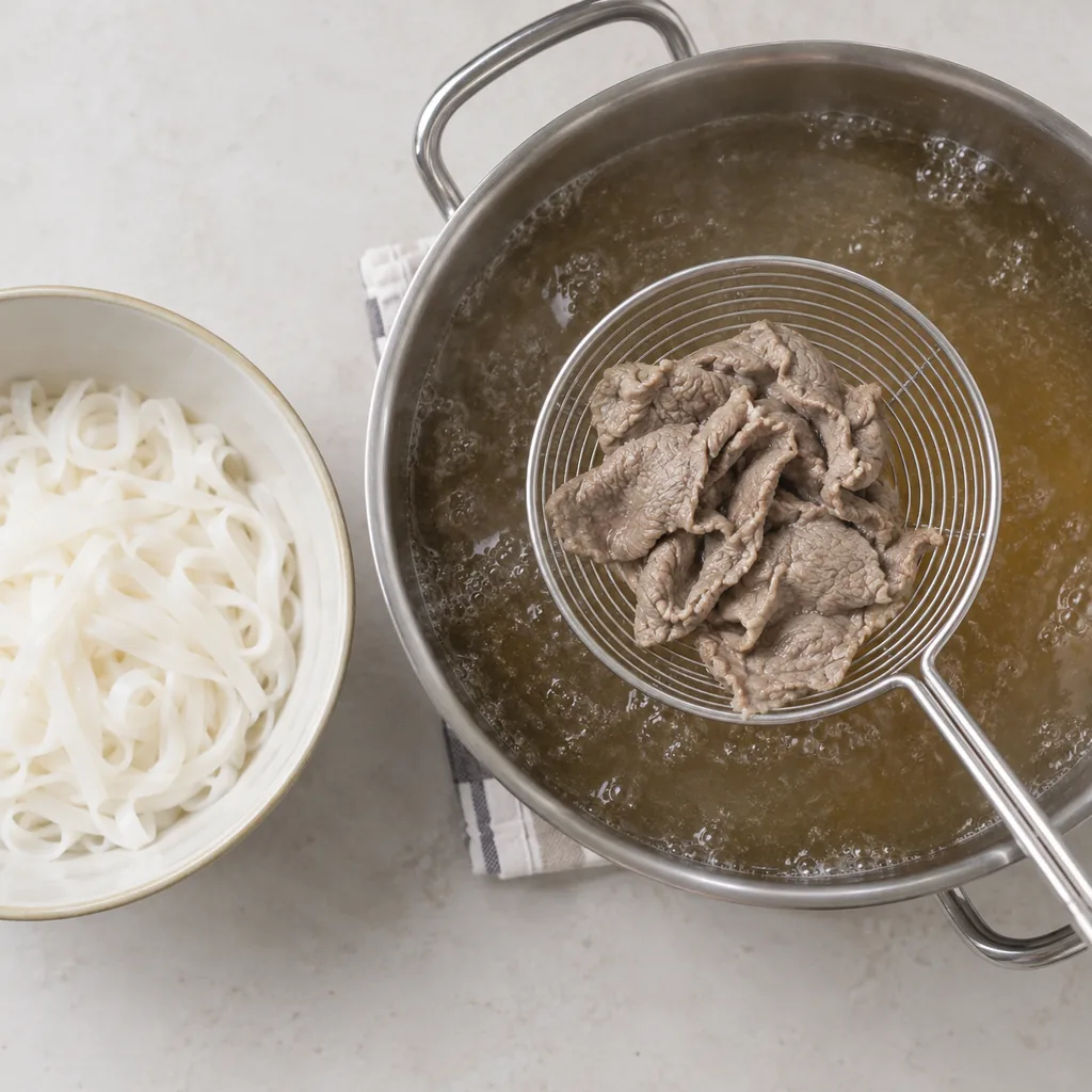 Sirloin slices cooked brown with no red remaining before topping the noodles.