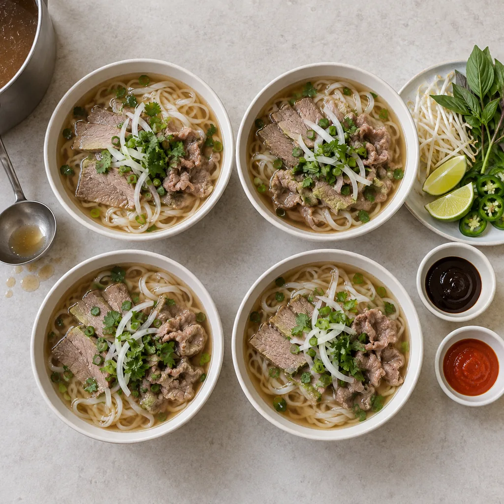 Four pho bowls filled with cooked beef, noodles, broth, onion, and herbs.