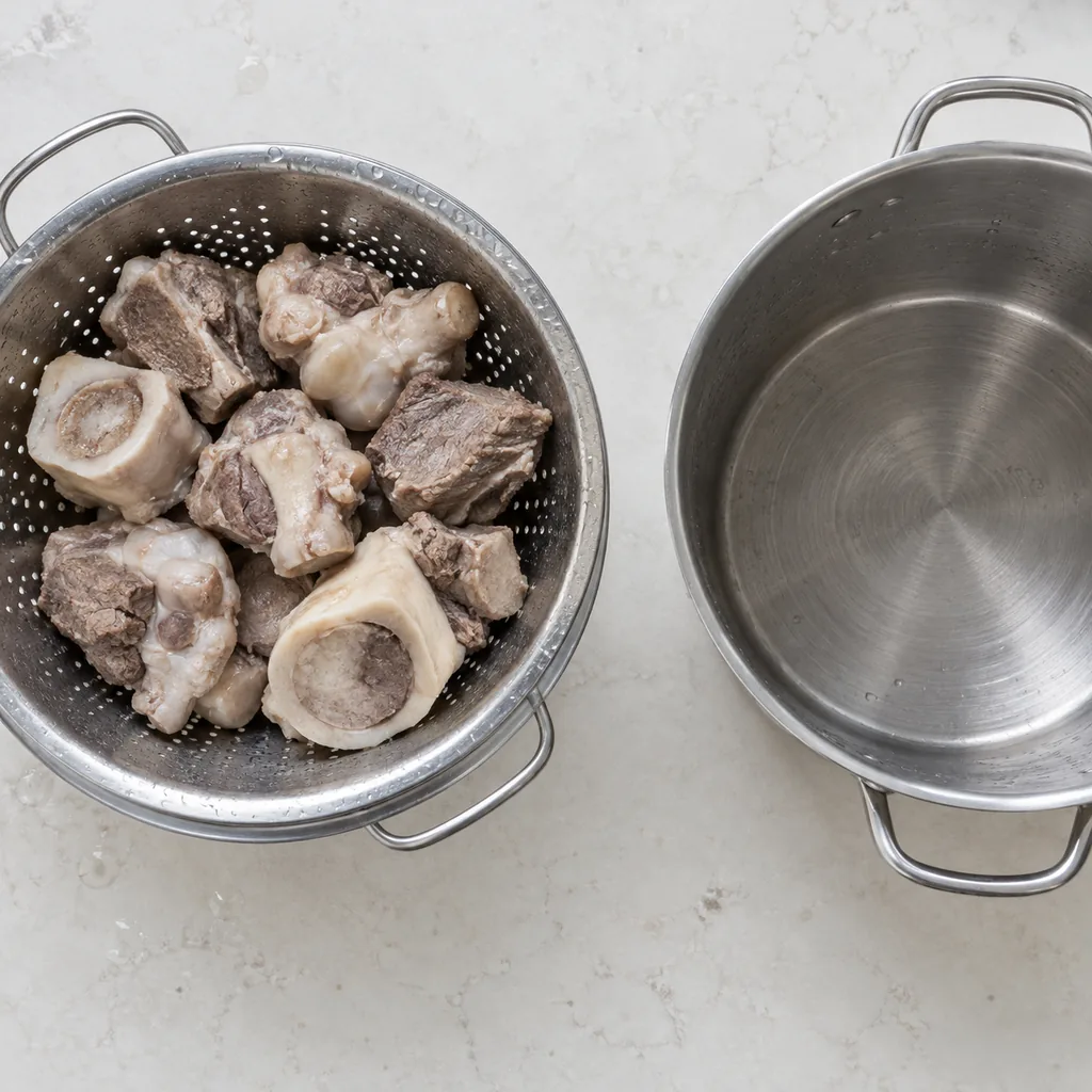 Blanched bones rinsed clean beside the scrubbed stockpot.