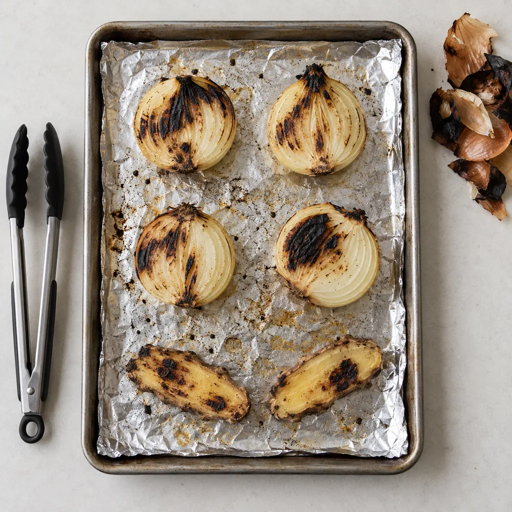 Onions and ginger charred in spots with loose burnt skins removed.