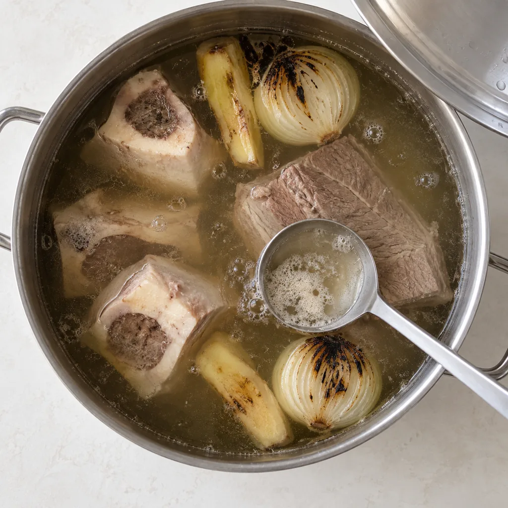 Bones, brisket, and charred aromatics simmer while the broth is skimmed.