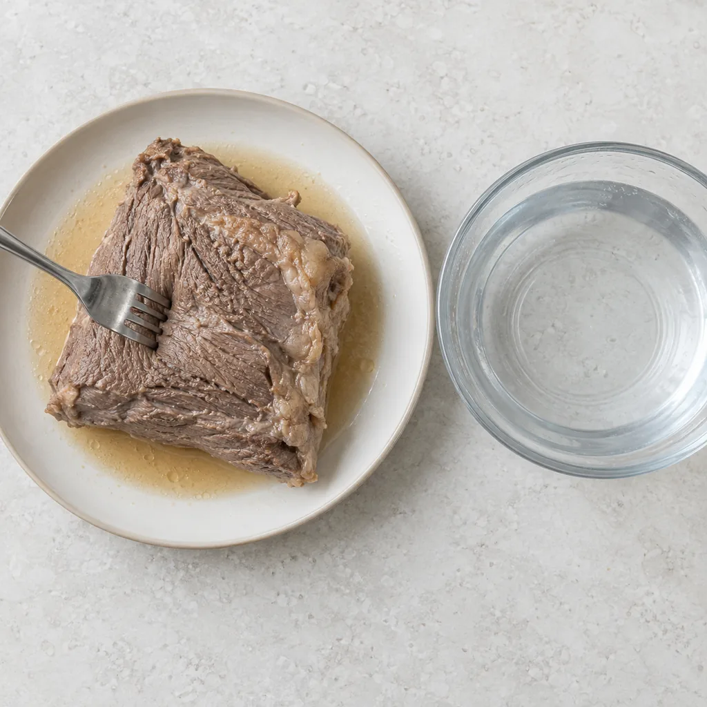 Cooked brisket rests after a fork enters with light resistance.