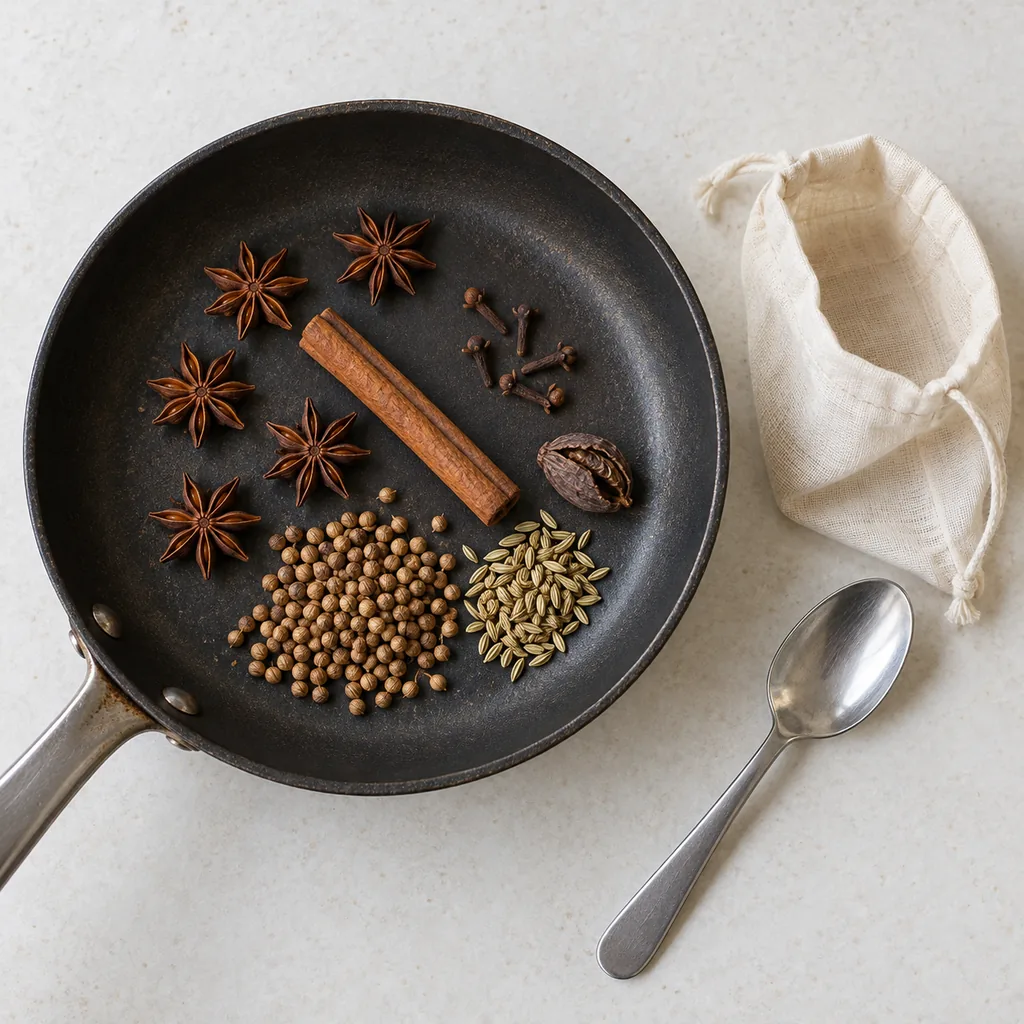 Whole pho spices toasted in a dry skillet, ready for the spice bag.