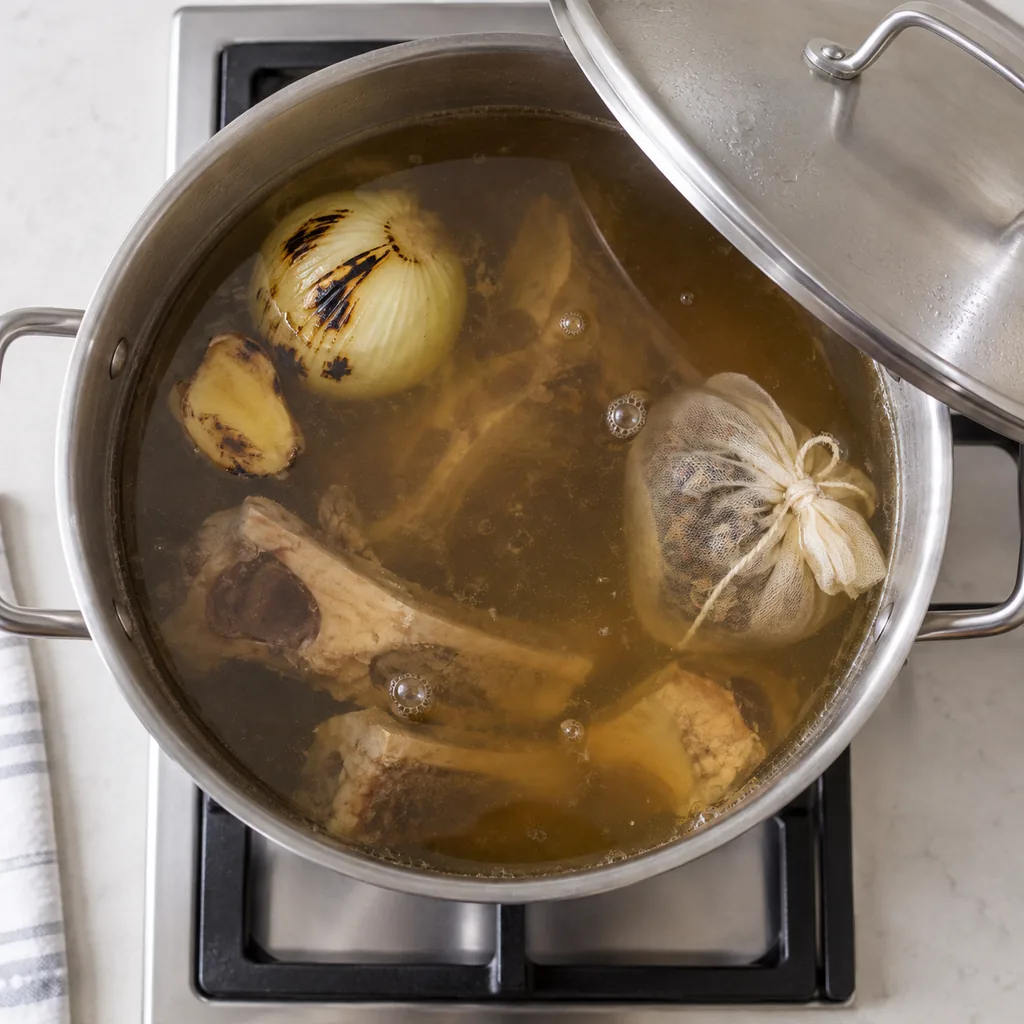Broth simmers gently with the spice bag and lid ajar.