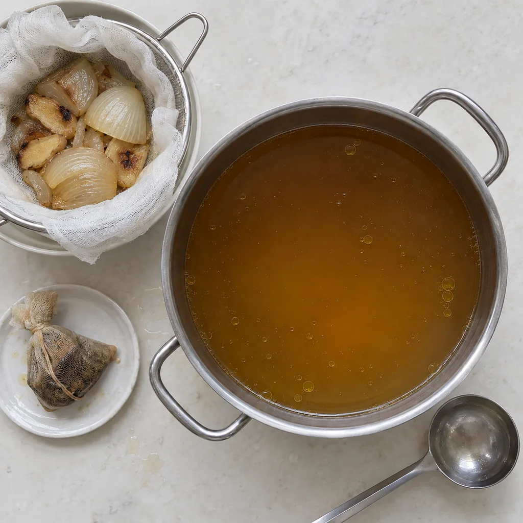 Strained clear broth retains a few golden spots of fat.