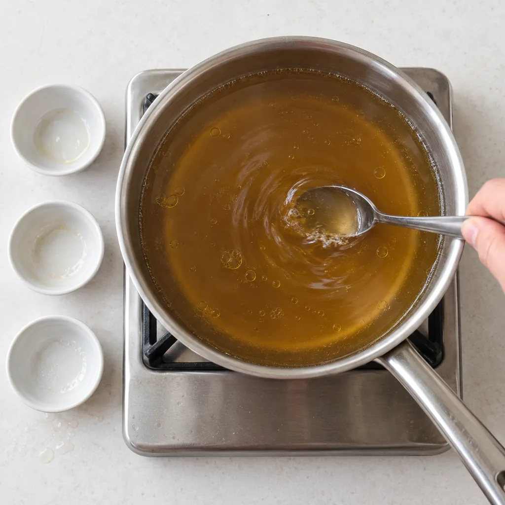 Fish sauce, sugar, and salt stirred into the clear broth until dissolved.