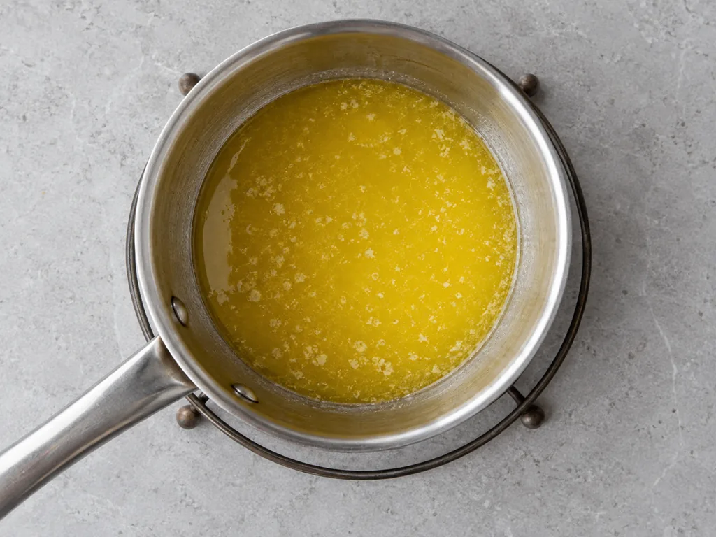Melt the butter. Melt the butter in the small saucepan over low heat, then take the pan off the heat and let the butter cool until it is liquid and just warm to the touch.