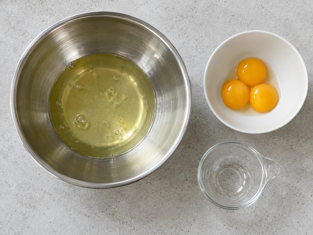 Separate the eggs. Separate the cold eggs one at a time over the small cup, sliding each white into the large, very clean bowl and each yolk into a medium bowl, until no trace of yolk is in the whites.