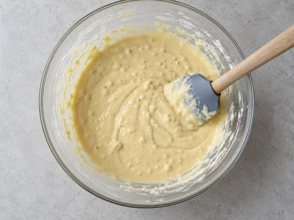 Whisk the base batter. If the batter is too stiff to stir, loosen it with extra whole milk to taste, no more than 2 tbsp for this batch.
