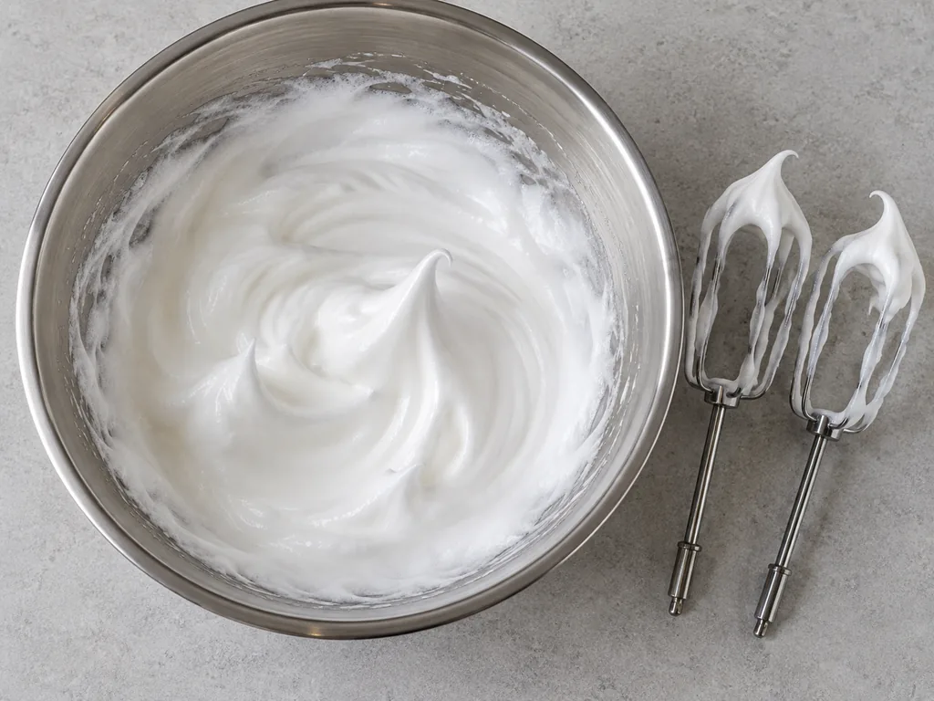 Beat the egg whites. Add 1 tbsp granulated sugar and beat on medium-high speed until glossy peaks hold when you lift the beaters, with only the very top of each peak curling over.