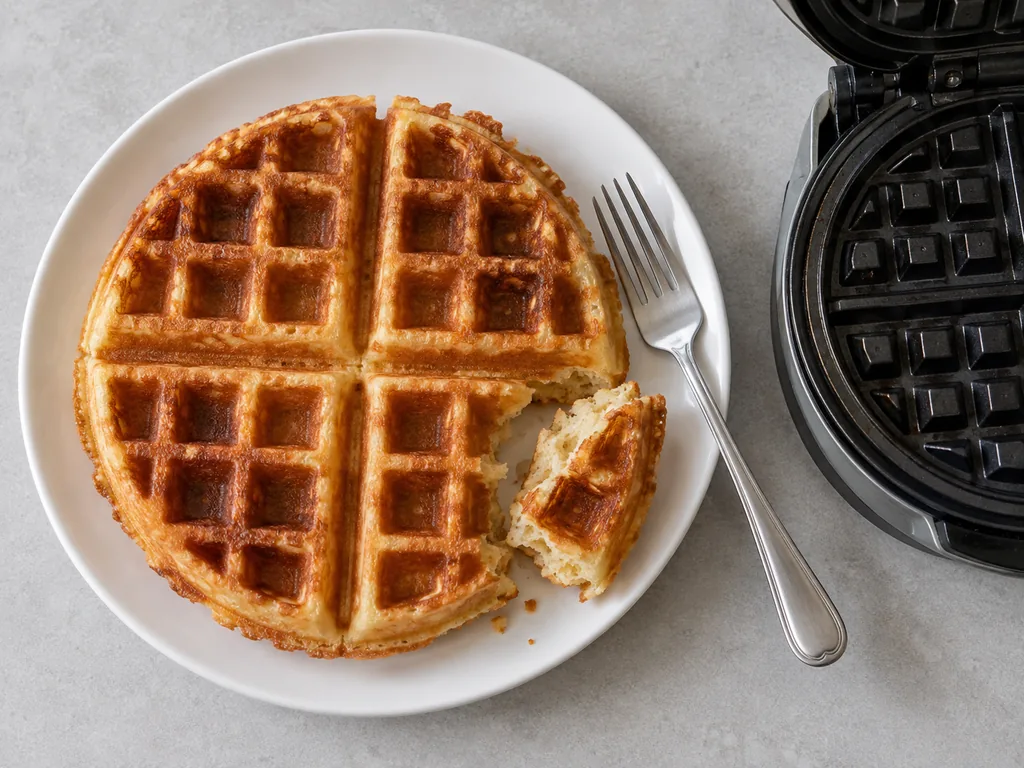 Cook a test waffle. If it tastes flat, fold fine salt to taste into the batter in the bowl with two strokes.