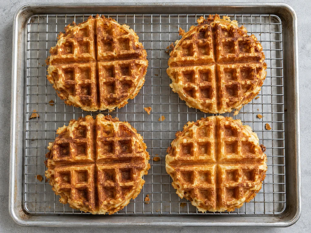 Cook the other waffles and hold them. Move each finished waffle to the wire rack in the 200°F oven in a single layer so it stays crisp.