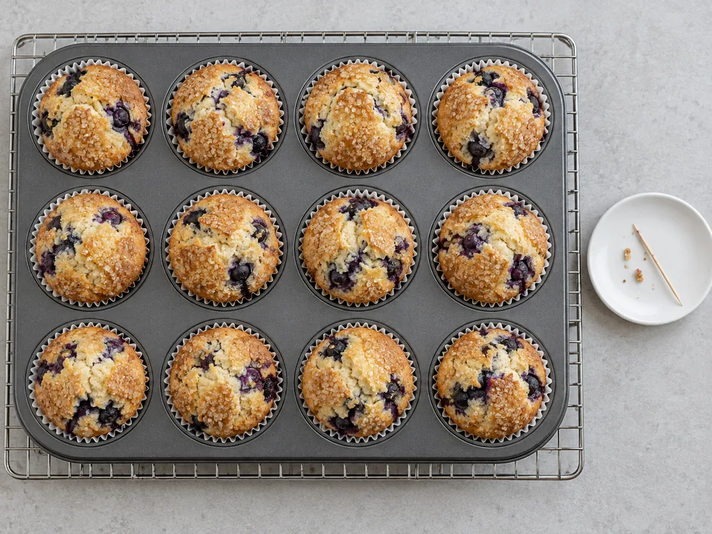 Turn down the oven and finish baking. Turn the oven down to 375°F without opening the door, and keep baking on the middle rack until the muffins are domed and golden, the tops spring back when pressed lightly, and a toothpick pushed into the center of a muffin, not into a berry, comes out clean or with a few moist crumbs, about 13 to 18 minutes.