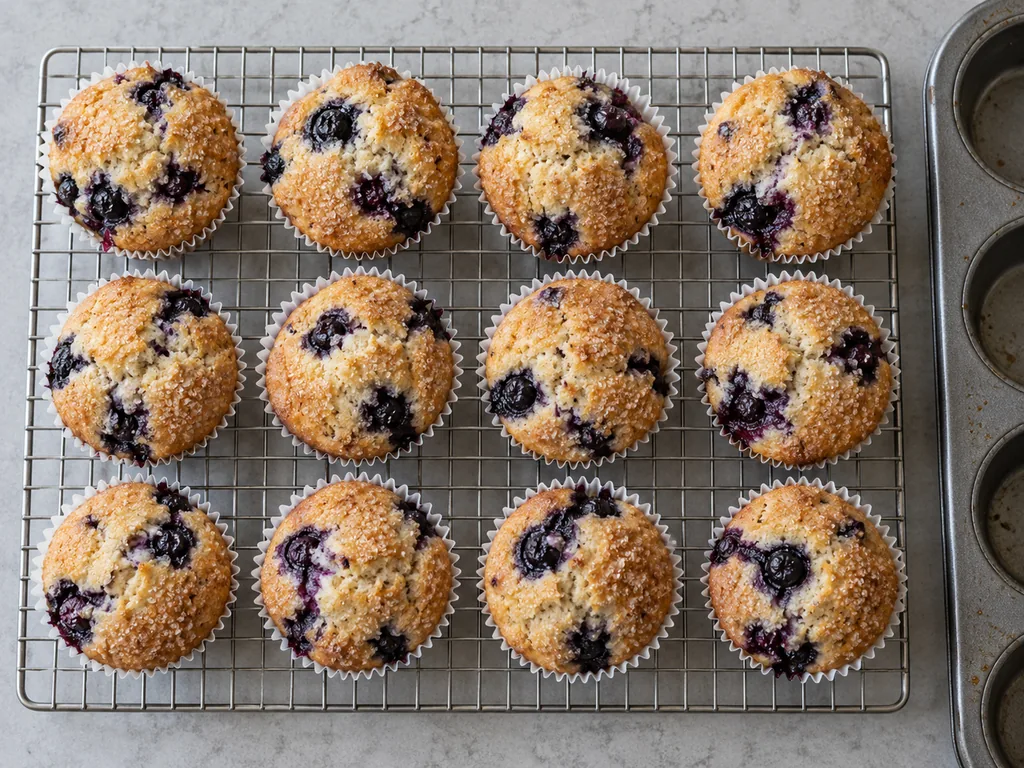 Cool and lift out. Cool the pan on the wire rack until you can touch the pan, about 5 minutes, then lift the muffins out onto the rack.