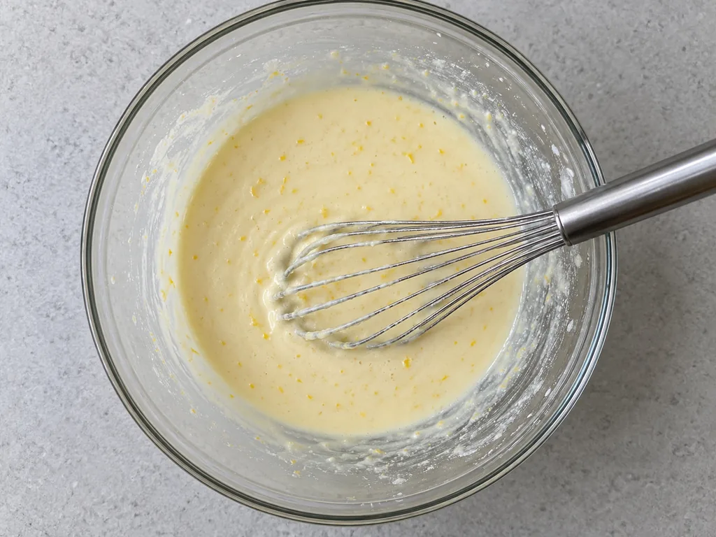 Put the sugar in the bowl. Whisk in the melted butter, 1/2 tsp fine sea salt and the vanilla, then the sour cream and milk, until the base is smooth.