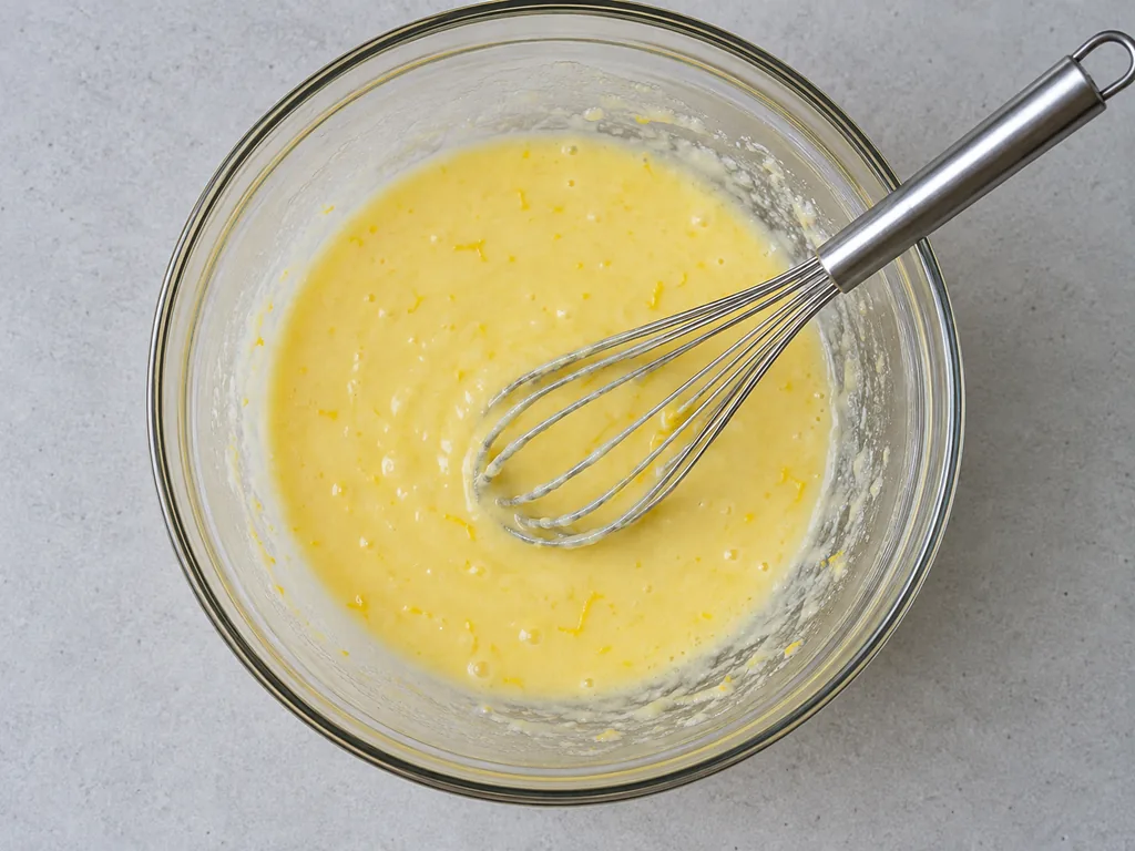 Whisk in the eggs. Whisk in the eggs one at a time until the base is smooth and glossy, with no streaks of white.