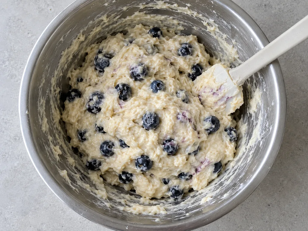 Whisk the flour and fold. Add the blueberries and keep folding gently just until no dry flour shows, stopping at the first purple streaks.