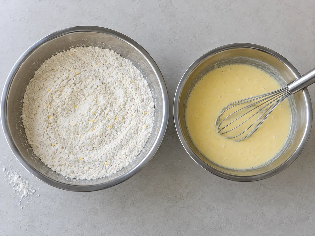 Put sugar in the bowl — The dry mixture has no baking-powder streaks and the wet mixture is blended.
