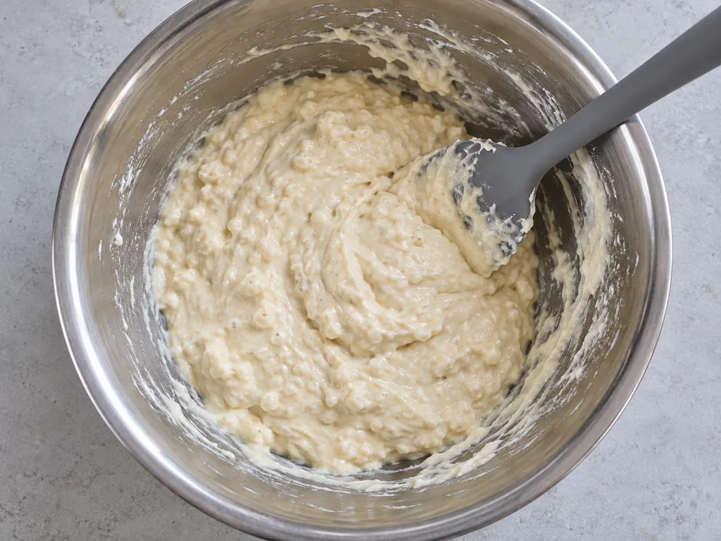 Pour and fold gently — Stop when no dry flour shows and the batter is thick and lumpy.