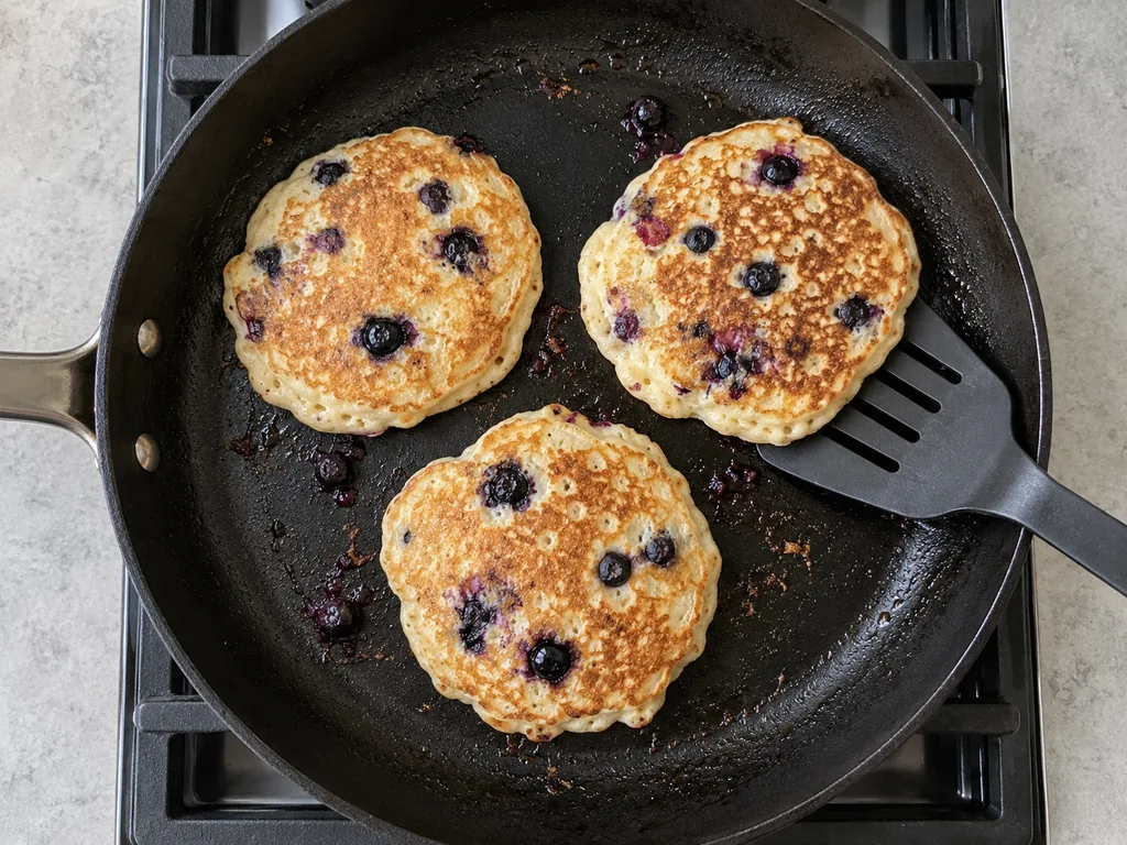 Heat the pan and cook — Both sides are golden and the center springs back with no wet batter.