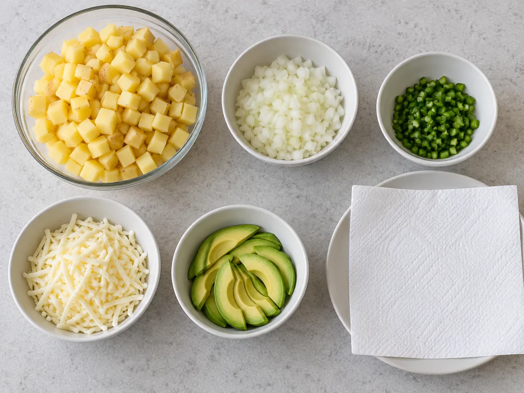 Diced potatoes, chopped onion, jalapeno, shredded cheese and avocado sit beside a paper-towel-lined plate.